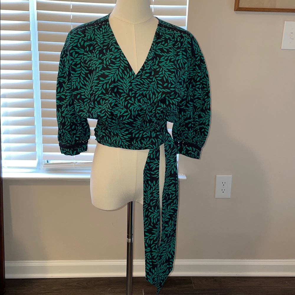 Joie Green and Black Leaf Print Wrap Top